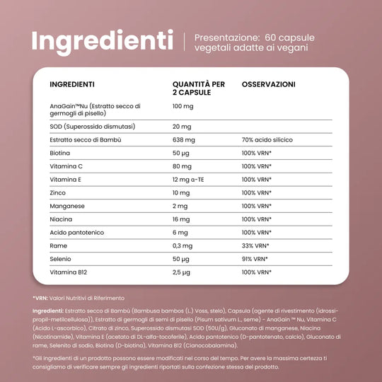 Ingredienti di B·Beauty Complex: AnaGain Nu, SOD, bambù, biotina, vitamine e minerali