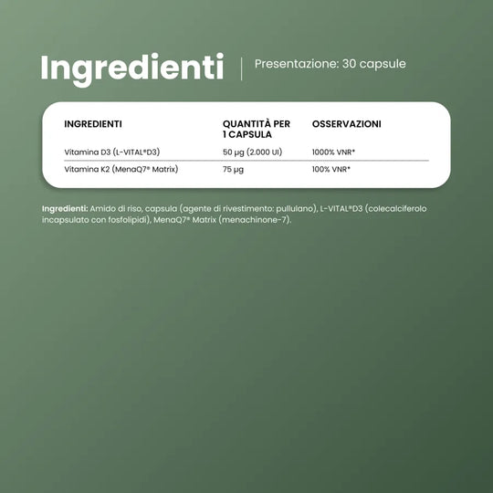 Ingredienti di DuoWell D3+K2: vitamina D3 L-VITAL®D3 e vitamina K2 MenaQ7® Matrix