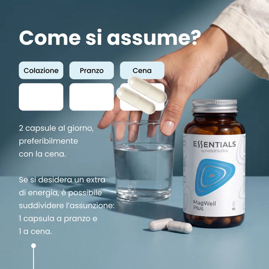 Come si assume MagWell Plus: 2 capsule al giorno, preferibilmente con la cena
