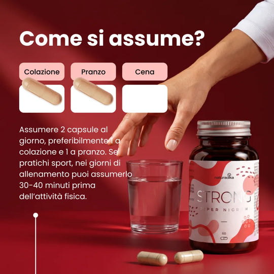 Come si assume Piper Nigrum Strong: 2 capsule al giorno, 1 a colazione e 1 a pranzo
