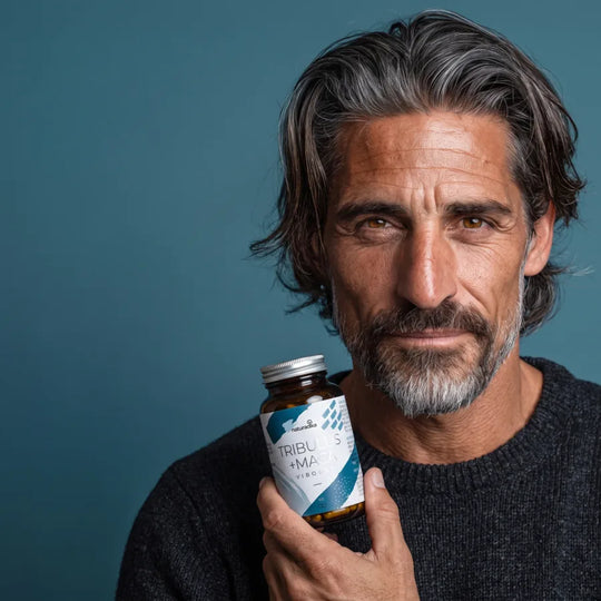 Uomo con il flacone di Viboost Tribulus + Maca di Naturadika