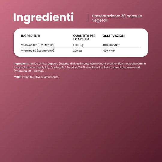 Ingredienti di VivaCel B12: 1.000 µg di vitamina B12 L-VITAL e 200 µg di vitamina B9 Quatrefolic per capsula