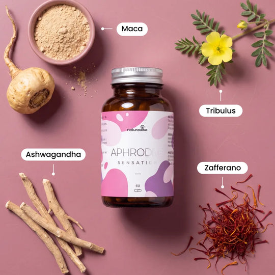 Ingredienti naturali di Aphrodite Sensation: maca, tribulus, ashwagandha e zafferano
