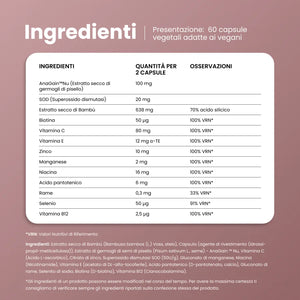 Ingredienti di B·Beauty Complex: AnaGain Nu, SOD, bambù, biotina, vitamine e minerali