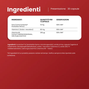 Ingredienti di FerMax Active: 14 mg di ferro SunActive, 80 mg di vitamina C e 200 µg di vitamina B9 per capsula