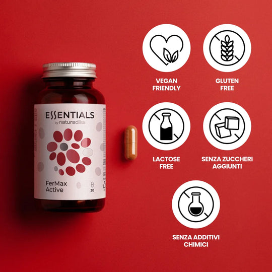 FerMax Active è vegan friendly, gluten free, lactose free, senza zuccheri aggiunti e senza additivi chimici