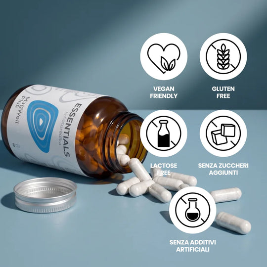 MagWell Plus è vegan friendly, gluten free, lactose free, senza zuccheri aggiunti e senza additivi artificiali