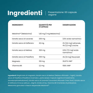 Ingredienti di Melanait Nighttime: melatonina Melotime, lavanda, zafferano, melissa, passiflora, magnesio e vitamina B6