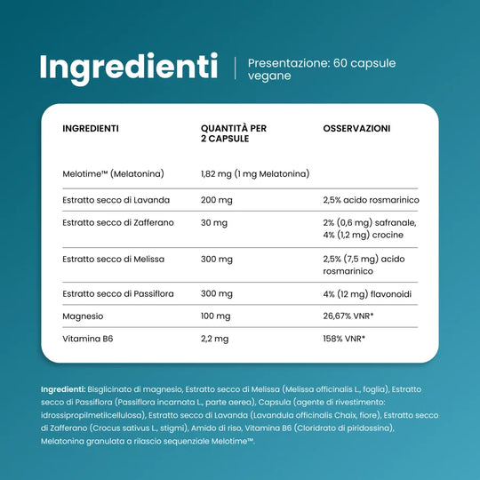 Ingredienti di Melanait Nighttime: melatonina Melotime, lavanda, zafferano, melissa, passiflora, magnesio e vitamina B6