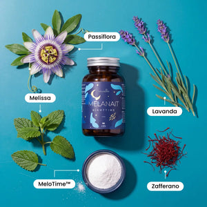 Ingredienti naturali di Melanait: passiflora, lavanda, melissa, zafferano e MeloTime