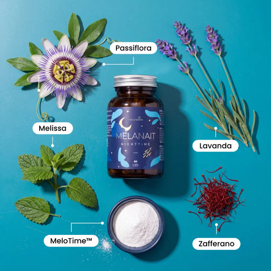 Ingredienti naturali di Melanait: passiflora, lavanda, melissa, zafferano e MeloTime