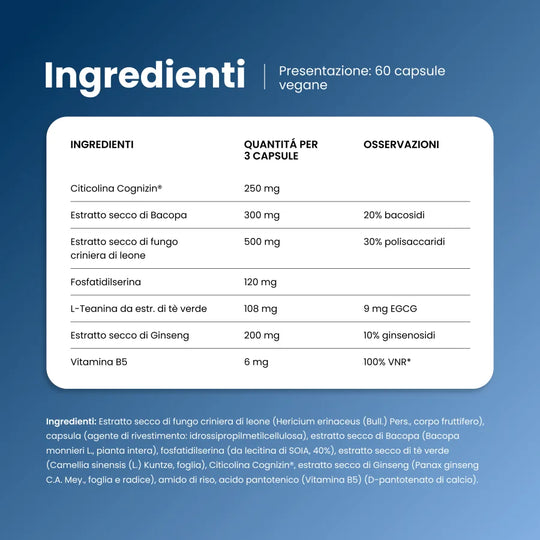 Ingredienti di Memor Tropic per 3 capsule: citicolina Cognizin, bacopa, criniera di leone, fosfatidilserina