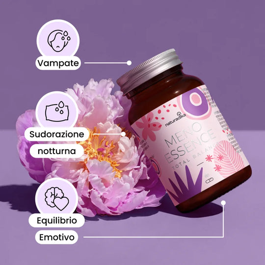 Meno Essence Total Balance – benefici: vampate, sudorazione notturna ed equilibrio emotivo, flacone con peonia