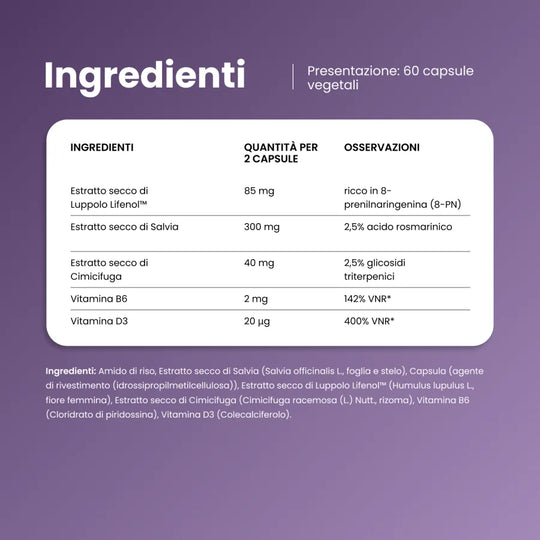 Meno Essence Total Balance – tabella ingredienti: Luppolo Lifenol™, Salvia, Cimicifuga, Vitamina B6, Vitamina D3