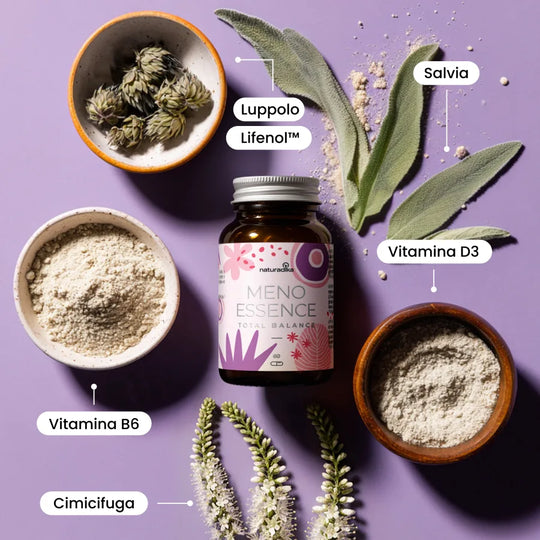 Meno Essence Total Balance – ingredienti naturali: Luppolo Lifenol™, Salvia, Cimicifuga, Vitamina B6, Vitamina D3