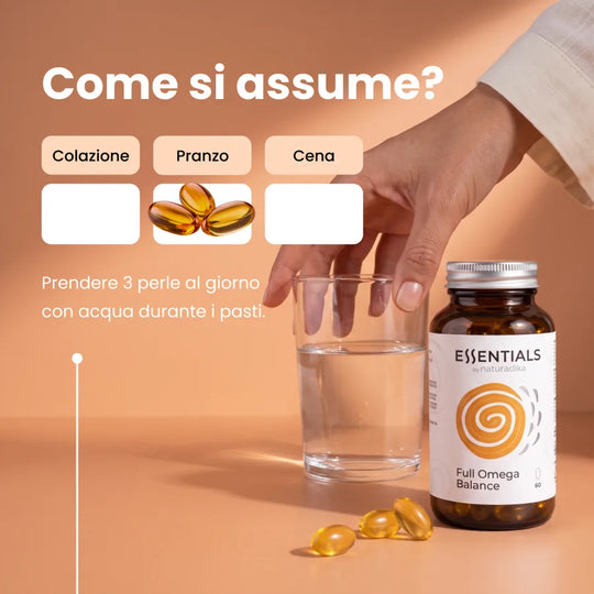 Come si assume Full Omega Balance: 3 perle al giorno con acqua durante i pasti
