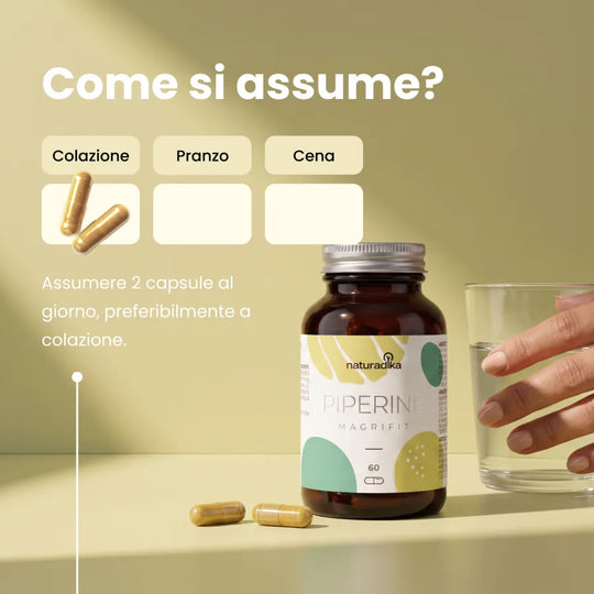 Come si assume Magrifit Piperine: 2 capsule al giorno, preferibilmente a colazione