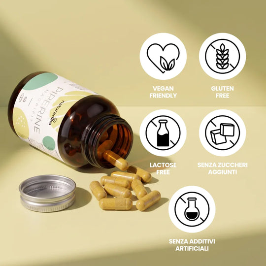 Magrifit Piperine è vegan friendly, gluten free, lactose free, senza zuccheri aggiunti e senza additivi artificiali