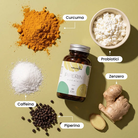 Ingredienti di Magrifit Piperine: curcuma, probiotici, zenzero, caffeina e piperina