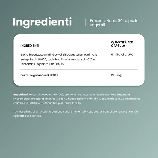 Ingredienti di Probiotic Balance: blend brevettato SmilinGut con 6 miliardi di UFC e FOS per capsula