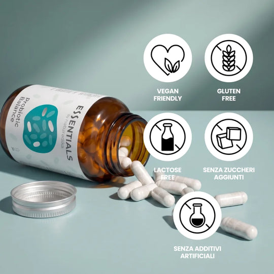 Probiotic Balance è vegan friendly, gluten free, lactose free, senza zuccheri aggiunti e senza additivi artificiali