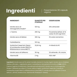 Rilaxan Stress Control – tabella ingredienti: Ashwagandha Shoden®, L-Teanina, Melissa, Fosfatidilserina, KeepCalm®, Zafferano, Vitamina B6