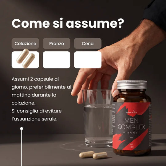 Come si assume Viboost Men Complex: 2 capsule al giorno, preferibilmente al mattino durante la colazione