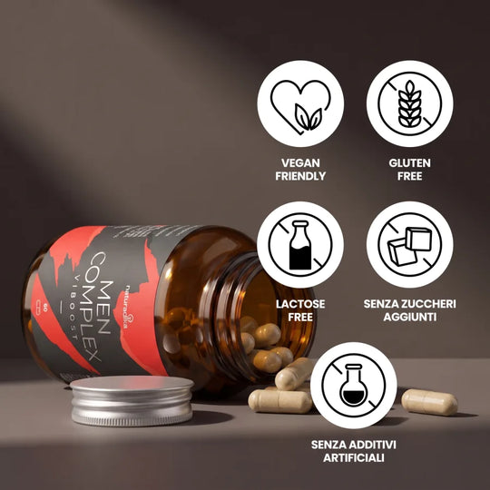 Viboost Men Complex è vegan friendly, gluten free, lactose free, senza zuccheri aggiunti e senza additivi artificiali