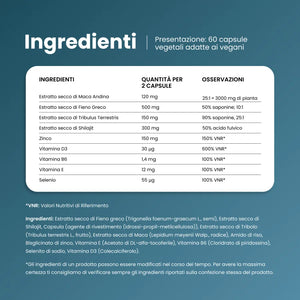 Ingredienti di Viboost Tribulus + Maca: maca andina, fieno greco, tribulus terrestris, shilajit, zinco e vitamine
