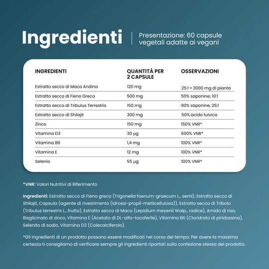 Ingredienti di Viboost Tribulus + Maca: maca andina, fieno greco, tribulus terrestris, shilajit, zinco e vitamine