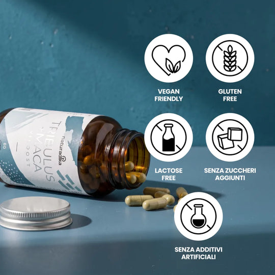 Viboost Tribulus + Maca: vegan friendly, gluten free, lactose free, senza zuccheri aggiunti e senza additivi artificiali