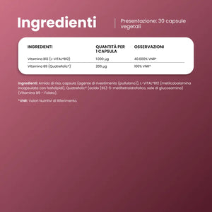 Ingredienti di VivaCel B12: 1.000 µg di vitamina B12 L-VITAL e 200 µg di vitamina B9 Quatrefolic per capsula